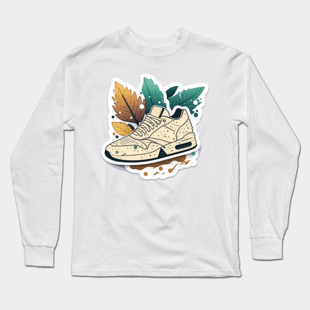 Step into Style and Sustainability with our Beige Brown and Black Sneaker Long Sleeve T-Shirt by Greenbubble